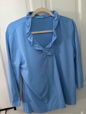 J McLaughlin Catalina Ruffle Neck Blouse Baby Blue XL RUNS SMALL
